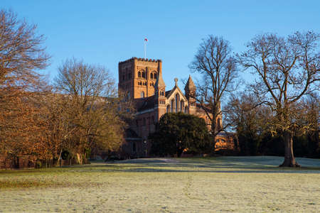 A view of the historic St. Albans Cathedral in Hertfordshire, England.