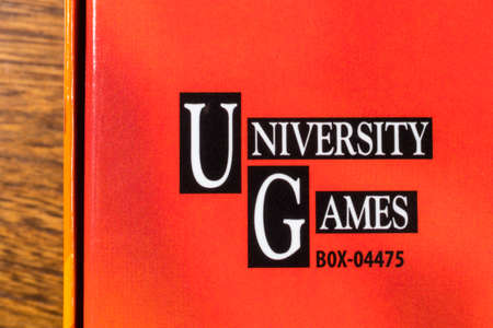 LONDON, UK - JANUARY 13TH 2017: The logo of University Games on one of the packaging of one of their...