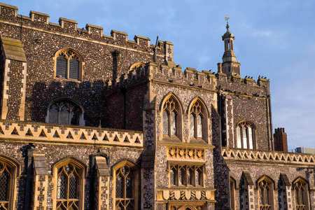The impressive facade of Norwich Guildhall located on Gaol Hill in the historic city of Norwich, UK.