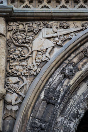 Detail of the magnificent sculptural work on the Ethelbert Gateway in Norwich, UK.