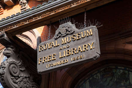 A close-up of the old sign outside the Beaney House of Art and Knowledge in Canetrbury, England.のeditorial素材