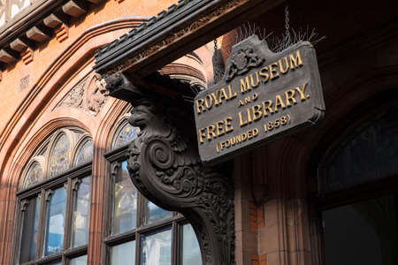 A close-up of the old sign outside the Beaney House of Art and Knowledge in Canetrbury, England.のeditorial素材