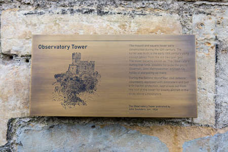LINCOLN, UK - FEBRUARY 28TH 2017: An information plaque about the Observatory Tower at Lincoln Castle in the historic city of Lincoln, UK, on 28th February 2017.のeditorial素材