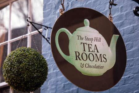 LINCOLN, UK - FEBRUARY 28TH 2017: A sign for The Steep Hill Tea Rooms and Chocolatier in the historic city of Lincoln, in the UK, on 28th February 2017.のeditorial素材