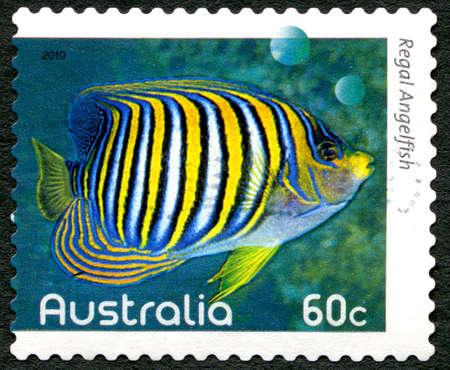 AUSTRALIA - CIRCA 2010: A used postage stamp from Australia, depicting an image of a Regal Angelfish, circa 2010.のeditorial素材