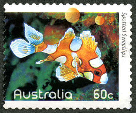 AUSTRALIA - CIRCA 2010: A used postage stamp from Australia, depicting an image of a Spotted Sweetlips fish, circa 2010.のeditorial素材