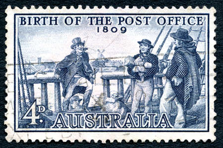 AUSTRALIA - CIRCA 1959: A used postage stamp from Australia, commemorating the 150th Anniversary of the Birth of the Post Office, circa 1959.のeditorial素材