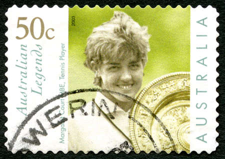 AUSTRALIA - CIRCA 2003: A used postage stamp from Australia, celebrating Australian Legends with an image of Aussie Tennis legend Margaret Court, circa 2003.  Court won 192 titles in her career.のeditorial素材