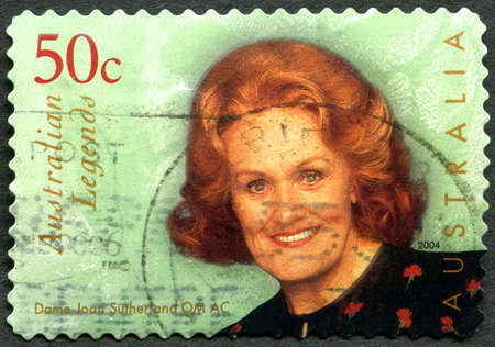 AUSTRALIA - CIRCA 2004: A used postage stamp from Australia, depicting an image of Dame Joan Sutherland - Australian dramatic coloratura soprano, circa 2004.のeditorial素材