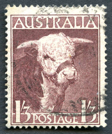 AUSTRALIA - CIRCA 1948: A used postage stamp from Australia, depicting an illustration of a Hereford Bull, circa 1948.のeditorial素材