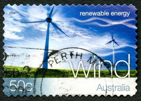 AUSTRALIA - CIRCA 2004: A used postage stamp from Australia, promoting Wind Energy - a renewable energy source, circa 2004.のeditorial素材
