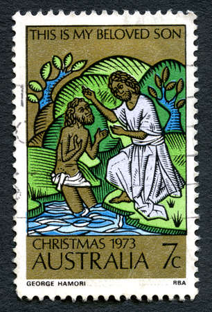 AUSTRALIA - CIRCA 1973: A used postage stamp from Australia, depicting a biblical illustration to commemorate Christmas, circa 1973.のeditorial素材