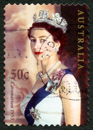 AUSTRALIA - CIRCA 2003: A used postage stamp from Australia, depicting a portrait of Queen Elizabeth II, commemorating the 50th Anniversary of other Coronation, circa 2003.のeditorial素材