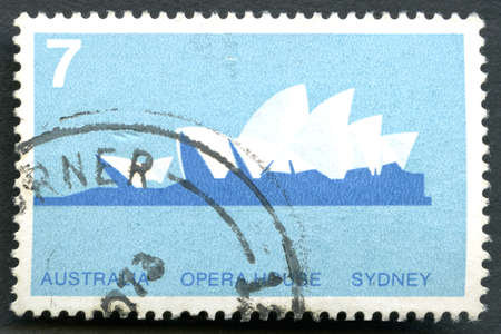 AUSTRALIA - CIRCA 1973: A used postage stamp from Australia, depicting an illustration of the Sydney Opera House in Australia, circa 1973.のeditorial素材