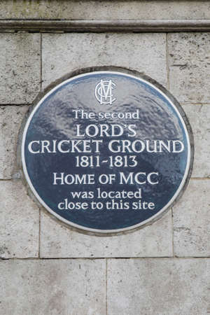 LONDON, UK - FEBRUARY 16TH 2017: A plaque in St. Johns Wood in London marking the location of the second Lordâs Cricket Ground (1811-1813), taken on 16th February 2017.のeditorial素材
