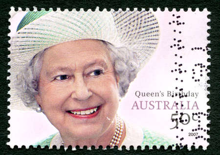 AUSTRALIA - CIRCA 2007: A used postage stamp from Australia, depicting a portrait of Queen Elizabeth II, commemorating her birthday, circa 2007.のeditorial素材