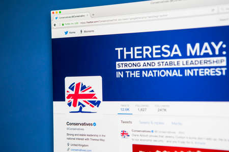 LONDON, UK - MAY 3RD 2017: The official twitter page for the Conservative Party, on 3rd May 2017.
