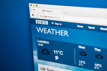 LONDON, UK - MAY 3RD 2017: Viewing the BBC Weather website on a computer screen, on 3rd May 2017.