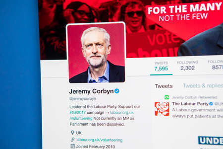 LONDON, UK - MAY 3RD 2017: The official twitter page for the UK Labour Party leader Jeremy Corbyn, on 3rd May 2017.のeditorial素材