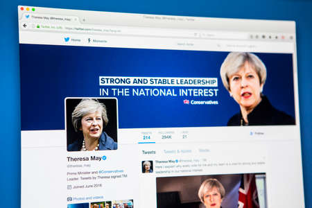 LONDON, UK - MAY 3RD 2017: The official twitter page for Theresa May - British Prime Minister and Conservative Party leader, on 3rd May 2017.のeditorial素材
