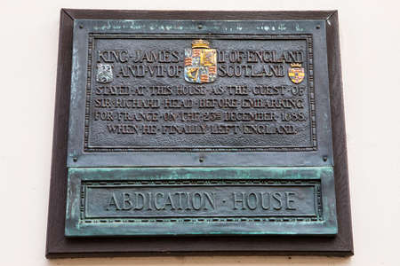 ROCHESTER, UK - APRIL 22ND 2017: A plaque in Rochester, marking the location where James II stayed before embarking for France when he left England, taken on 22nd April 2017.のeditorial素材