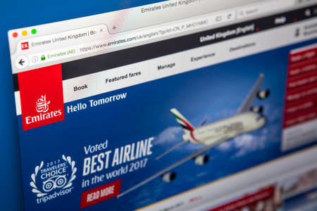 LONDON, UK - MAY 3RD 2017: The homepage of the official website for Emirates, the largest airline in...
