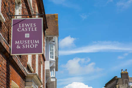 LEWES, UK - MAY 31ST 2017: A sign at the Lewes Castle Museum and Shop in the historic town of Lewes in East Sussex, UK, on 31st May 2017.のeditorial素材