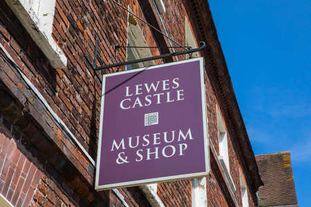 LEWES, UK - MAY 31ST 2017: A sign at the Lewes Castle Museum and Shop in the historic town of Lewes in East Sussex, UK, on 31st May 2017.のeditorial素材