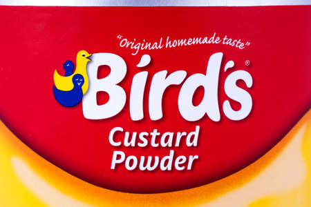 LONDON, UK - JULY 7TH 2017: A close-up of the Birds logo on a jar of their Custard Powder, on 7th July 2017.