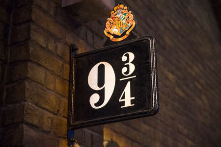 LEAVESDEN, UK - JUNE 19TH 2017: The sign for Platform 9 3/4 at the Making of Harry Potter Studio...