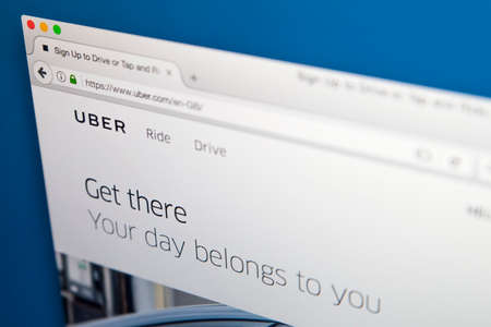LONDON, UK - AUGUST 7TH 2017: The homepage of the official website for Uber - the operator of the Uber car transportation mobile app, on 7th August 2017.のeditorial素材