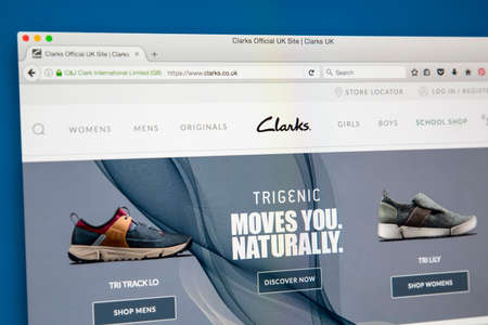 LONDON, UK - AUGUST 10TH 2017: The homepage of the official website for Clarks, the British-based shoe manufacturer and retailer, on 10th August 2017.のeditorial素材