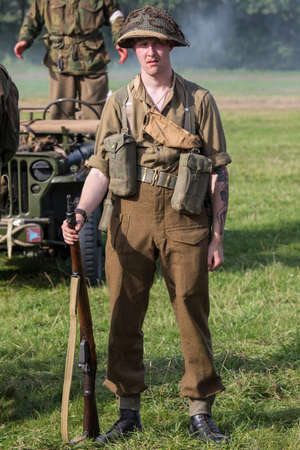 KENT, UK - AUGUST 28TH 2017: Actor posing as a British soldier from the 2nd World War, at the...