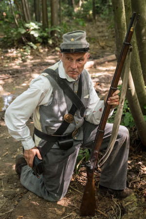 KENT, UK - AUGUST 28TH 2017: Actor posing as a Confederate soldier from the American Civil War, at...