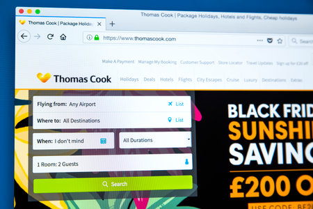 LONDON, UK - NOVEMBER 20TH 2017: The homepage of the official website for the travel agency Thomas...