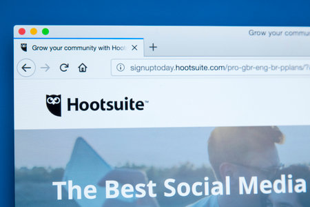 LONDON, UK - NOVEMBER 20TH 2017: The homepage of the official website for Hootsuite - the social...