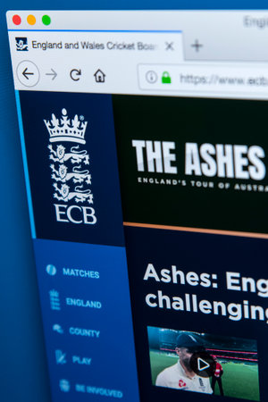 LONDON, UK - DECEMBER 4TH 2017: The homepage of the official website for the England and Wales Cricket Board - the governing body of cricket in England and Wales, on 4th December 2017.のeditorial素材