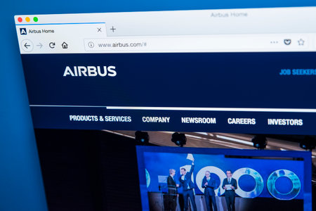 LONDON, UK â DECEMBER 14TH 2017: The homepage of the official website for Airbus â the European multinational corporation that designs, manufactures and sells aeronautical products, on 14th December 2017.のeditorial素材
