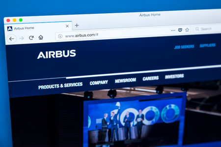 LONDON, UK â DECEMBER 14TH 2017: The homepage of the official website for Airbus â the European multinational corporation that designs, manufactures and sells aeronautical products, on 14th December 2017.のeditorial素材