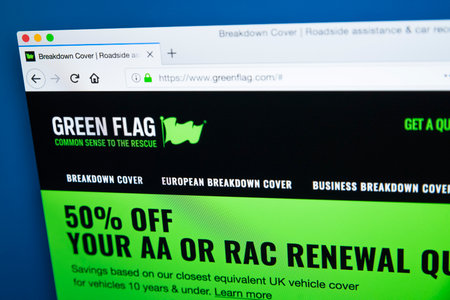 LONDON, UK â DECEMBER 14TH 2017: The homepage of the official website for Green Flag â the British roadside assistance and vehicle recovery provider, on 14th December 2017.のeditorial素材