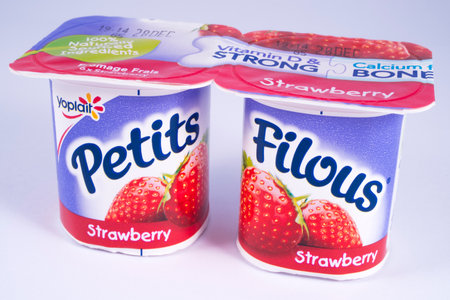 LONDON, UK - DECEMBER 18TH 2017: A close-up of two cartons of Petits Filous yoghurts, on 18th December 2017.  Petits filous are manufactured by the Yoplait brand.のeditorial素材