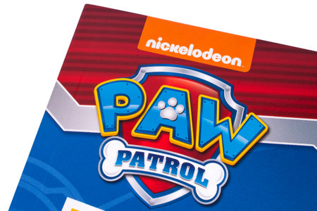 LONDON, UK - DECEMBER 18TH 2017: A close-up of the Paw Patrol logo on the front cover of a childrens book, on 18th December 2017.  Paw Patrol is an animated televsion series.のeditorial素材