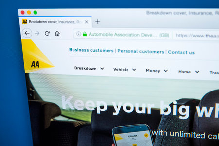 LONDON, UK - JANUARY 4TH 2018: The homepage of the official website for The Automobile Association, commonly known as the AA - the British motoring association which provides car insurance, breakdown cover, advice etc, on 4th January 2018.のeditorial素材