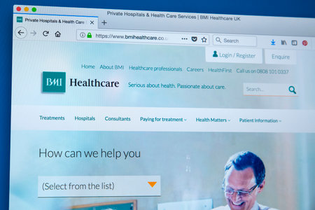 LONDON, UK - JANUARY 15TH 2018: The homepage of the official website for BMI Healthcare, on 15th January 2018. It is an independent provider of private healthcare, giving treatment to private patients and NHS patients.のeditorial素材