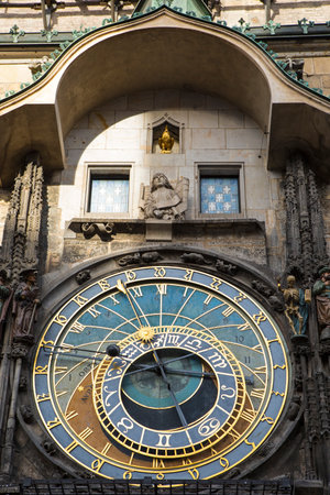 A view of the historic Prague Astronomical Clock in the city of Prague, Czech Republic.
