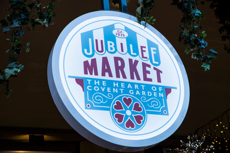 LONDON, UK - NOVEMBER 26TH 2017: A sign above the entrance to the famous Jubilee Market in Covent...