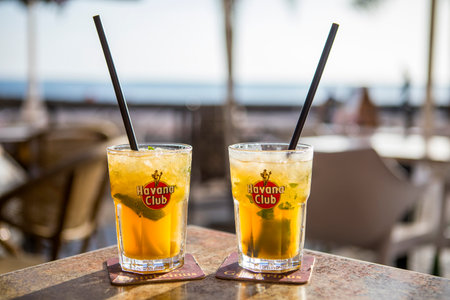 LANZAROTE, SPAIN - JANUARY 20TH 2018: Two Cocktails on a table in a restaurant, on 20th January 2018.のeditorial素材