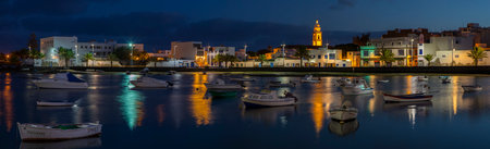 LANZAROTE, SPAIN - JANUARY 19TH 2018: A panoramic view of the beautiful Charco de San Gines at dusk in Arrecife, Lanzarote, on 19th January 2018.のeditorial素材