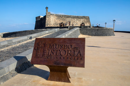 LANZAROTE, SPAIN - JANUARY 20TH 2018: A view of the historic Castillo de San Gabriel in Arrecife, on the volcanic island of Lanzarote, Spain, on 20th January 2018.のeditorial素材