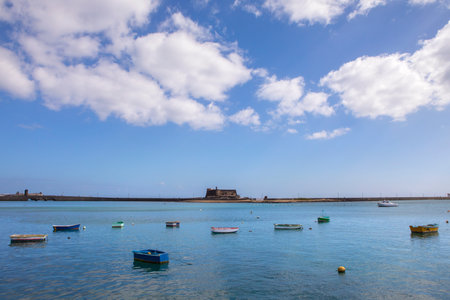 A view of the historic Castillo de San Gabriel in Arrecife, on the volcanic island of Lanzarote, Spain.の写真素材